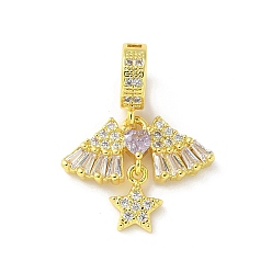 Настоящее золото 18K Латунные микропаве прозрачные кубические цирконии звезды и крылья сердца европейские подвески, Подвески с большими отверстиями, реальный 18 k позолоченный, 21.5 мм, отверстие : 5 мм