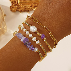 Améthyste 4pcs 4 styles bracelets extensibles en laiton et améthyste naturelle et perles d'imitation 304 ensemble de bracelets en acier inoxydable avec chaîne trombone pour femmes, ronde, or, 6.50 pouces (16.5 cm) ~6.89 pouces (17.5 cm)