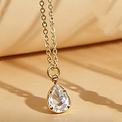 Doré  Colliers pendentifs en laiton pavé de zirconiums cubiques transparents en forme de larme pour femmes, or, 17.72 pouce (45 cm), pendentif: 12x7 mm