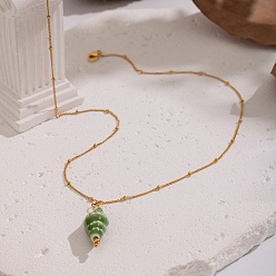 Зеленый Кулон в форме раковины 304 цепочка-спутник из нержавеющей стали для женщин, реальный 18 k позолоченный, зелёные, 16.54 дюйм (42 см)