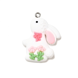 Белый Непрозрачные подвески смолы, кролик с бантом и цветком, с платиновым тоном железная петля, белые, 32.5x24.5x6 мм, отверстие : 1.8 мм