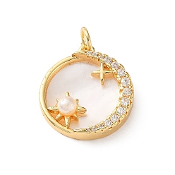 Real 18K Gold Plated Brass Micro Pave Clear Cubic Zirconia Pendants, with White Shell & ABS Imitation Pearl, Flat Round with Star Charms, Cadmium Free & Lead Free, Rack Plating, Long-Lasting Plated, Real 18K Gold Plated, 19x17x5mm, Hole: 3.5mm