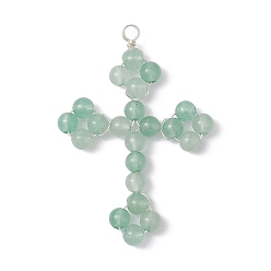 Зеленый Авантюрин Подвески из медной проволоки с натуральным зеленым авантюрином, религия крест прелести, серебряный цвет гальваническим, 46x32x4 мм, отверстие : 3 мм