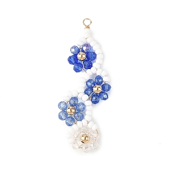 Blue Baking Paint Glass Seed Beaded Big Pendants, Gradient Color Flower Vine Charms, with Glass Beads & Brass Beads & Copper Wire, Faceted, Blue, 55.5x23x4.5mm, Hole: 2.5mm