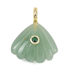 Зеленый Авантюрин Резные подвески из натурального зеленого авантюрина, подвески в форме ракушки с кубическим цирконием и латунной фурнитурой, золотые, стойки покрытие, 28x22x8 мм, отверстие : 4 мм