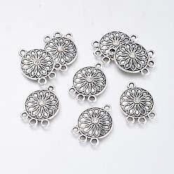 Antique Silver Alloy Links, Chandelier Components, with Rhinestone, Flat Round with Flower, Crystal, Antique Silver, 20x14x3mm, Hole: 1.5mm