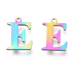 Letter E Ионное покрытие (ip) 304 брелоки из нержавеющей стали, лазерная резка, алфавит, Радуга цветов, letter.e, 12x9x0.8 мм, отверстие : 1 мм