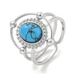 Синтетическая Бирюза 304 манжеты из нержавеющей стали с синтетической бирюзой, овальные открытые кольца с широкой полосой для женщин и мужчин, цвет нержавеющей стали, 16x18.5 мм, внутренний диаметр: регулируемый.