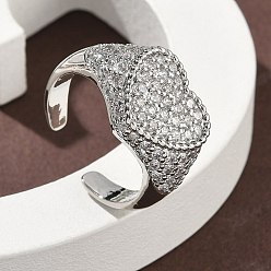Прозрачный Кольца-манжеты в форме сердца из латуни с микропаве из кубического циркония для женщин, без кадмия и без свинца, стойки покрытие, платина, прозрачные, 13 мм, внутренний диаметр: 19 мм