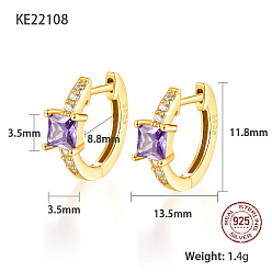 Лиловый Серьги-кольца из настоящего 18k позолоченного 925 стерлингового серебра, квадратные серьги с цирконием, с печатью s925, сирень, 11.8x13.5 мм