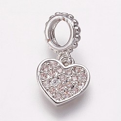 Платина Латунь кубический цирконий европейские подвески с подвесками, Подвески с большими отверстиями, сердце, прозрачные, платина, 16 мм, отверстие : 4.5 мм, Кулон : 9x9x1.5 мм
