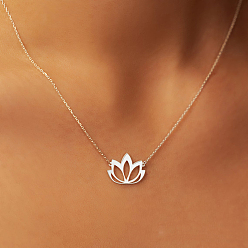 Серебро Буддийский полый цветок лотоса 201 ожерелья из нержавеющей стали с подвеской для женщин, серебряные, 15.75 дюйм (40 см)