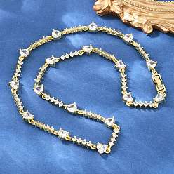 Real 18K Gold Plated Brass Pave Clear Cubic Zirconia Heart Link Chain Necklaces, Cadmium Free & Lead Free, Rack Plating, Long-Lasting Plated, Real 18K Gold Plated, 17.60 inch(44.7cm)