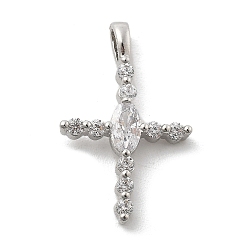 Платина Латунные микропаве прозрачные подвески с фианитом, крестик, стойки покрытие, долговечный, без свинца и без кадмия, платина, 21x13x3.5 мм, отверстие : 3x1.5 мм