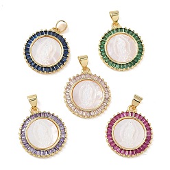 (52) Непрозрачная лаванда Религия латунь микро проложить цирконий подвески, с оболочкой, плоский круглый со святыми подвесками, стойки покрытие, долговечный, без кадмия и без свинца, реальный 18 k позолоченный, разноцветные, 21.5x18.5x3.5 мм, отверстие : 4.5x3.5 мм