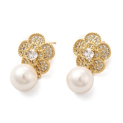 Настоящее золото 18K Серьга-гвоздик с кубическим цирконием из латуни с покрытием из цветочной стойки, серьги с пластиковыми бусинами для женщин, долговечный, без кадмия и без свинца, реальный 18 k позолоченный, 25 мм, штифты : 0.7 мм