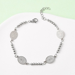 Нержавеющая Сталь Цвет Религия 304 браслеты из нержавеющей стали, браслеты из шариковой цепи для женщин, овальный со святым, цвет нержавеющей стали, 6-7/8 дюйм (17.6 см)