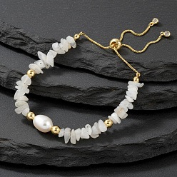 Rainbow Moonstone Браслет-слайдер из натурального пресноводного жемчуга и натурального радужного лунного камня с регулируемой латунной цепочкой для женщин., реальный 18 k позолоченный, 6.30 дюйм (16 см) ~ 8.66 дюйм (22 см)