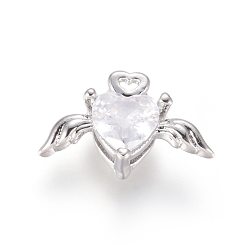 Платина Латунные микро проложить кубического циркония подвески, летать сердце, прозрачные, платина, 8x14x4.5 мм, отверстие : 1.5 мм
