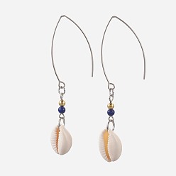 Lapis Lazuli Boucles d'oreilles rondes en lapis-lazuli naturel, avec cauris, perles en laiton écologiques et 304 crochets pour boucles d'oreilles en acier inoxydable, couleur inox, 77~79 mm, broches: 1 mm