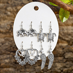Античное Серебро 4 Парные серьги-подвески из цинкового сплава, черепаха, слон и птица, античное серебро, 22~42x10~24 мм