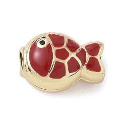 Красный Латунь эмаль бисера, стойки покрытие, долговечный, без свинца и без кадмия, реальный 18 k позолоченный, рыба, красные, 12.5x9x7.5 мм, отверстие : 2.8 мм