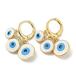 White Golden Brass Dangle Leverback Earrings, with Enamel, Evil Eye, White, 27x12mm