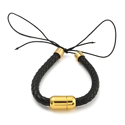 Золотой Изготовление браслета из черного плетеного кожаного шнура, с 304 магнитными застежками из нержавеющей стали и латунными наконечниками шнура с покрытием из стойки, золотые, 6-1/8 дюйм (15.5 см)