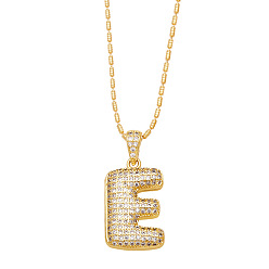 Letter E Brass Micro Pave Cubic Zirconia Pendant Necklaces, Golden, Letter E, 16.54 inch(42cm), Pendant: 24~30x13~22mm