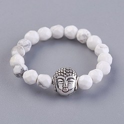 Howlite Stretchringe aus natürlichem Howlith, Mit legierten buddha perlen, facettiert, Runde, Antik Silber Farbe, Größe 8, 18 mm