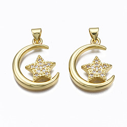 Real 16K Gold Plated Brass Micro Pave clear Cubic Zirconia Pendants, Nickel free, Moon with Star, Real 16K Gold Plated, 23x17x4mm, Hole: 3x5mm