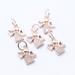 Rose Gold Brass Micro Pave Cubic Zirconia Charms, Angel, Lead Free & Nickel Free & Cadmium Free, Rose Gold, 12x9.5x2mm, Hole: 3.5mm