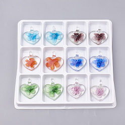 Mixed Color Luminous Handmade Lampwork Pendants, Inner Flower, Heart, Mixed Color, 41~46x36~38x15~16mm, Hole: 8mm, Box Size: 20x19.5x1.3cm, 12pcs/box