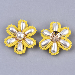 Gold ABS Plastic Imitation Pearl Cabochons, with Glass Seed Beads and Golden Plated Brass Perforated Disc Settings, Rhinestone, Flower, Gold, 32~35x30~33x11~12mm