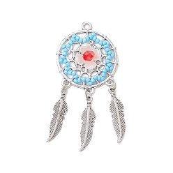 Светло-Голубой Подвески из бисера ручной работы, плетеная сетка из сплава с перьями, с абс пластмассовой имитационной жемчужиной, Небесно-голубой, 60.5x28.5x8 мм, отверстие : 2 мм