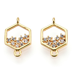 Настоящее золото 18K Соединители из латуни с микропаве и кубическим цирконием, без никеля , шестиугольник, прозрачные, реальный 18 k позолоченный, 14.5x9x2.5 мм, отверстие : 1 мм