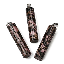 Родонит Естественно родонит большие кулоны, Подвески в виде колонн с 304 защелкивающимися креплениями из нержавеющей стали, цвет нержавеющей стали, 54.5~56x12~14 мм, отверстие : 6x4 мм