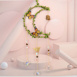 Тигровый глаз Листья, бабочка, конопляная веревка, обернутая луной и натуральными самородками тигрового глаза, подвесные украшения, Стеклянные каплевидные солнечные лучи с кисточками для украшения дома и улицы, 500 мм