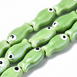 Light Green Handmade Porcelain Ceramic Beads Strands, Bright Glazed Porcelain, Fish, Light Green, 19x10x8mm, Hole: 1.5mm, about 17pcs/strand, 12.40 inch(31.5cm)