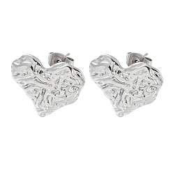 Stainless Steel Color Non-Tarnish 304 Stainless Steel Stud Earrings, Textured Heart, Stainless Steel Color, 16.5x18mm