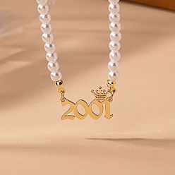 Number Женские ожерелья из круглого белого бисера с имитацией жемчуга и подвеской в виде короны в виде года рождения, золотые, число 2001, 14.96 дюйм (38 см)