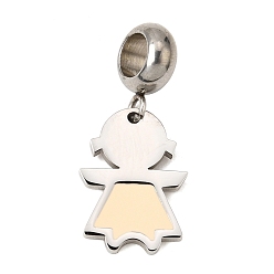 Misty Rose 304 Stainless Steel European Dangle Charms, Large Hole Pendants, with Enamel, Girl, Misty Rose, 26mm, Hole: 4mm, Pendant: 16x11x1mm