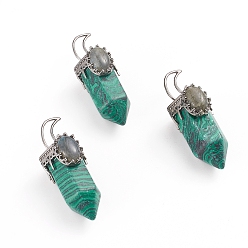 Малахит Большие подвески из синтетического малахита, с латунными кулонами под залог металлического цвета и натуральным лабрадоритом, пуля, 52~54x20x22~23 мм, отверстие : 8x5 мм