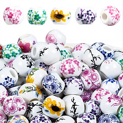 Mixed Color 180Pcs Floral Printed Porcelain Beads, Flower Patterned Round Ceramic Beads, Mixed Color, 8x7mm, Hole: 3mm