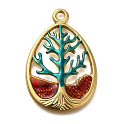 Темный Голубой Ионное покрытие (ip) 304 подвески из нержавеющей стали с эмалью, реальный 18 k позолоченный, капля с амулетом «Древо жизни», темные голубые, 36x24x3 мм, отверстие : 2.4 мм