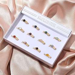 Смешанные камни Круглые кольца из смешанных натуральных камней, 304 из нержавеющей стали манжеты кольца, реальный 18 k позолоченный, ионное покрытие (ip), 1.5~7 мм, внутренний диаметр: регулируемый, 12 шт / комплект