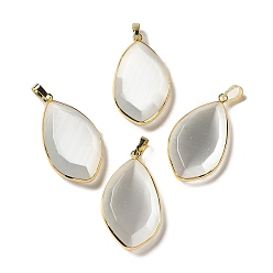 White Cat Eye Pendants, with Rack Plating Brass Loops, Oval Charm, White, 36~36.5x19.5~20x6~6.5mm, Hole: 6.5x3.5mm