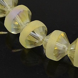 Champagner gelb Galvanisieren Glasperlen, voll Regenbogen plattiert, matt, Doppelkegel, Champagner gelb, 12x10 mm, Bohrung: 1 mm, ca. 50 Stk. / Strang, 20.4 Zoll