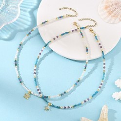 Golden 2Pcs 2 Styles Ocean Brass Micro Pave Clear Cubic Zirconia Starfish and Turtle Pendant Necklaces, Natural Amethyst & Freshwater Pearl & Rainbow Moonstone & Apatite Beaded Necklaces, Golden, 15.75 inch(40cm), 1pc/style