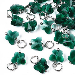 Teal Faceted Transparent Glass Charms, with Iron Jump Ring, Butterfly, Teal, 13~14x9.8x6mm, Hole: 4mm